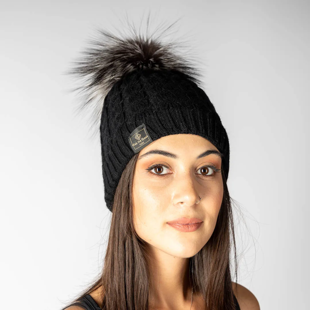 Black beanie Silver fox pompom