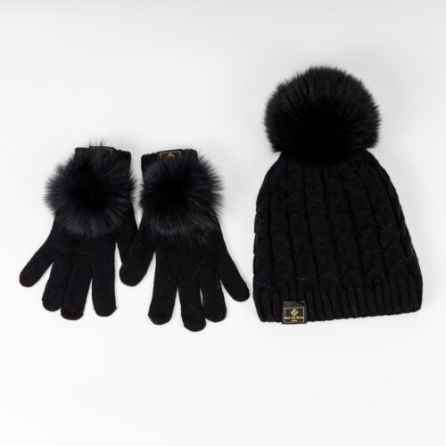 black pompom beanie and gloves
