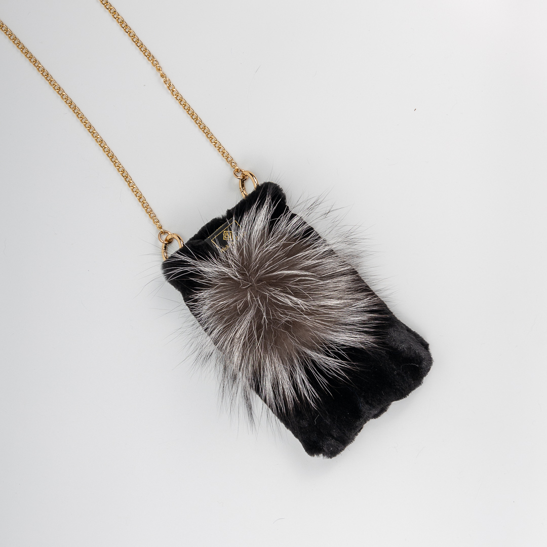 Black Fur Phone Bag with Silver Fox Fur Pompom