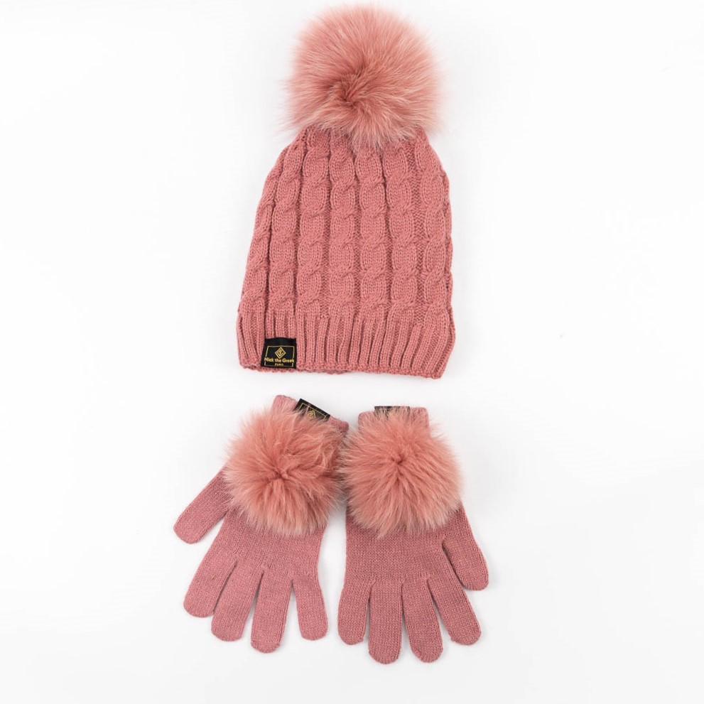 dusty pink pompom beanie and gloves