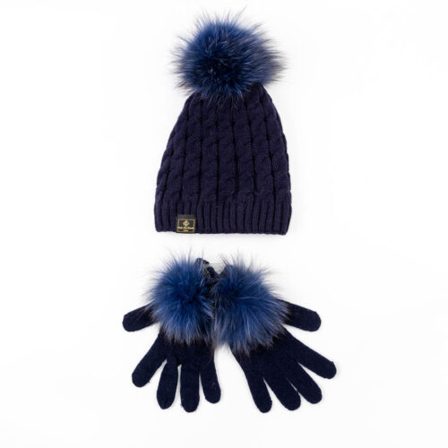 navy blue pompom beanie and gloves