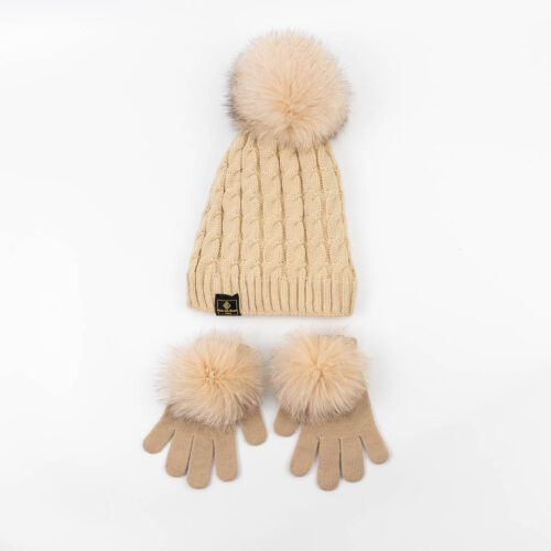 beige pompom beanie and gloves