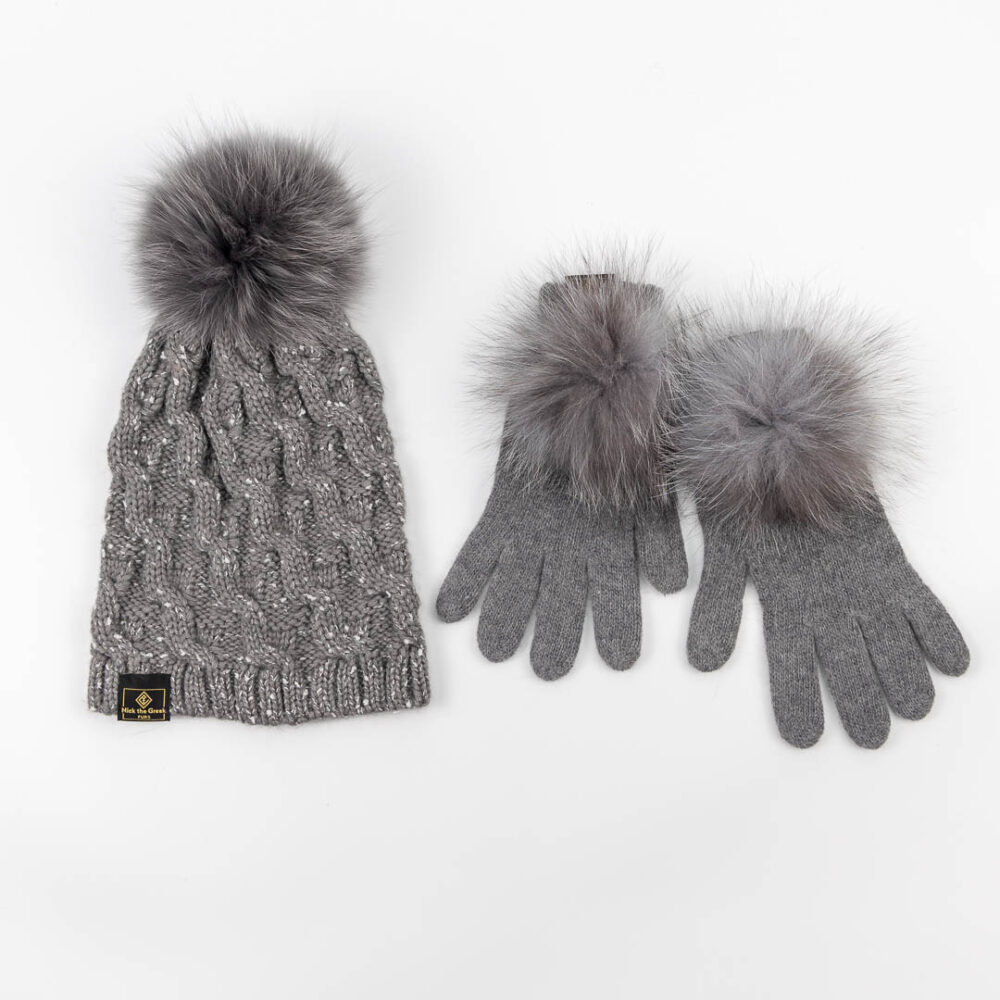 grey pompom beanie and gloves