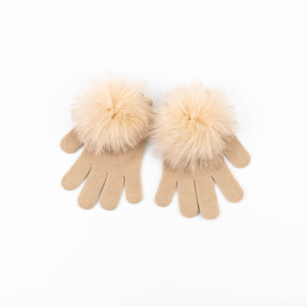 beige pompom fur gloves
