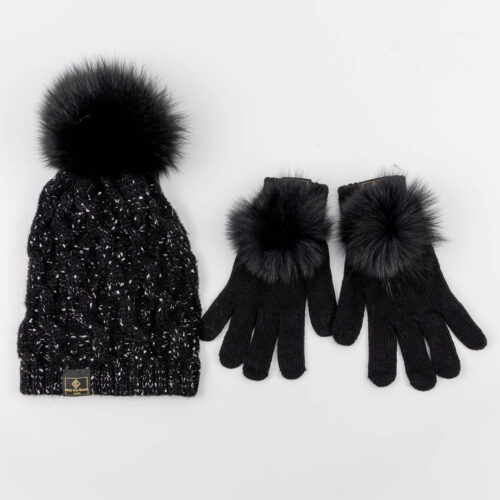 black spotted pompom beanie and gloves