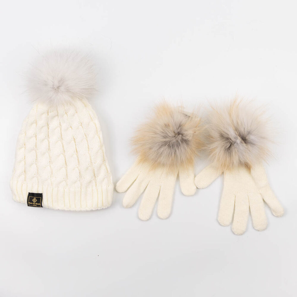 white pompom beanie and gloves