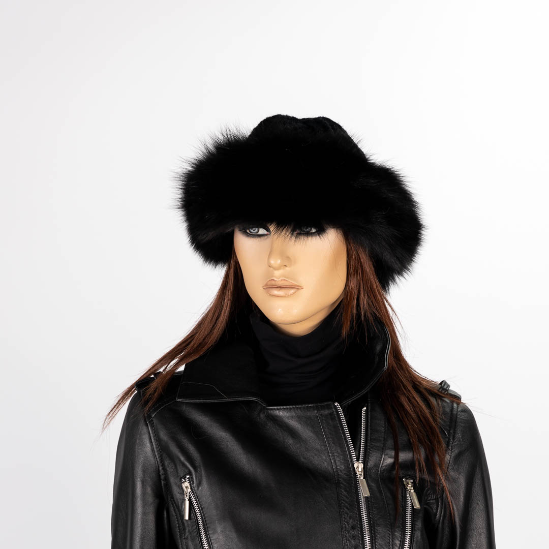Black Knitted Hat with Black Fox Fur Around