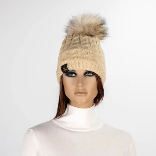 beige beanie with beige fin raccoon pompom
