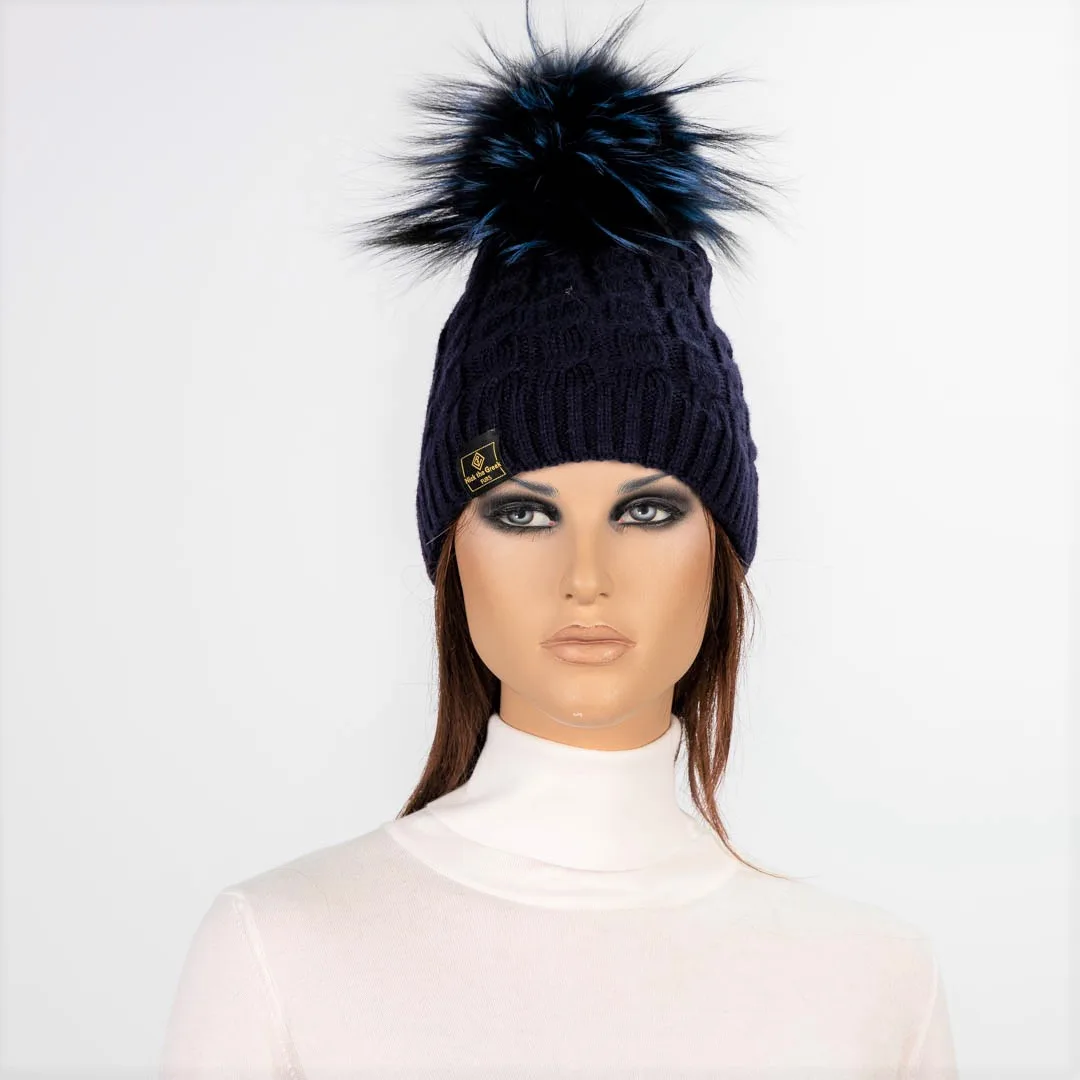 navy blue beanie with blue silver fox pompom