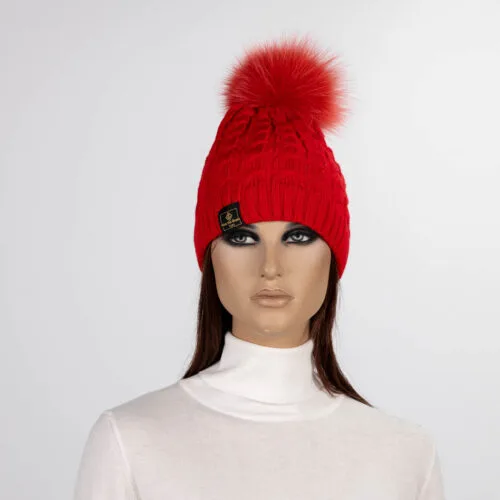 red pompom beanie