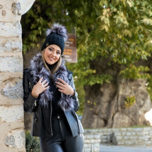Black and Silver Fox Pompom Beanie with Silver Fox Pompom Big Scarf