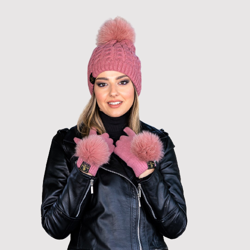 dusty pink set pompom beanie and gloves