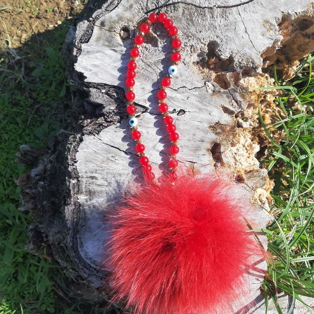 Red Phone Strap with Fur Pompom