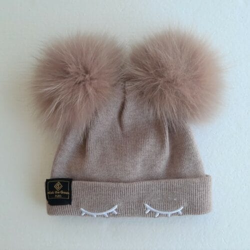 Beige Baby Double Pompom Beanie