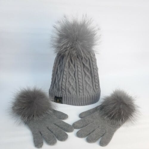 Furry Set- Grey Pompom Beanie with Grey Pompom Gloves