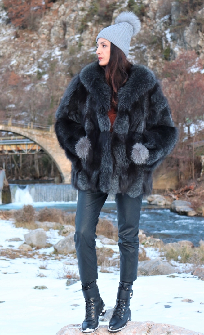 dark grey fur coat