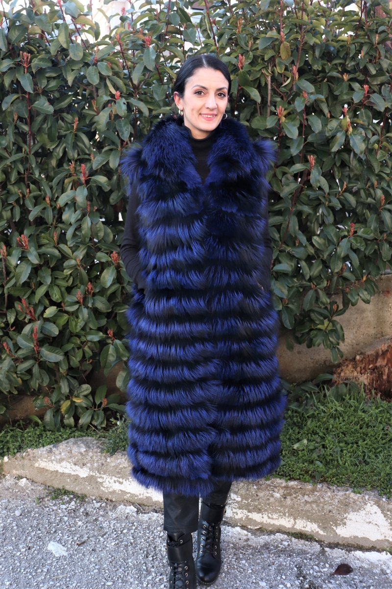 blue long fur vest