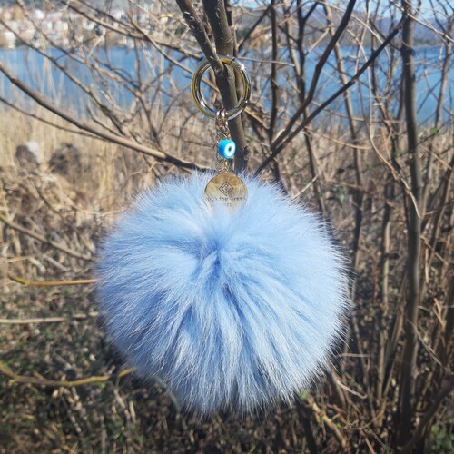 Baby Blue Fox Fur Pompom Bag charm-Keychain