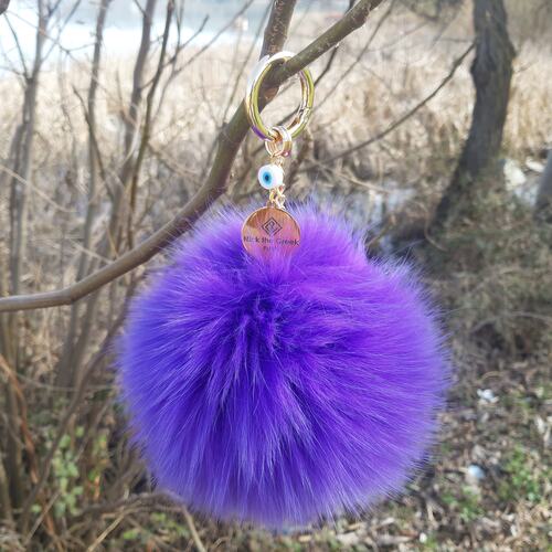 Purple Fox Fur Pompom Bag charm-Keychain