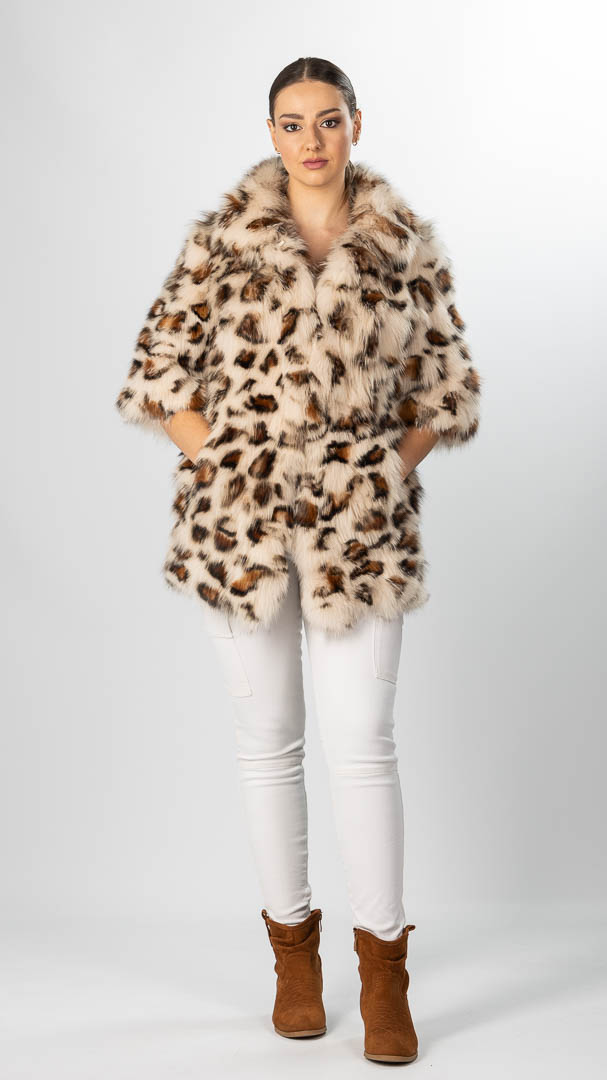 leopard print fur coat 3/4 sleeves