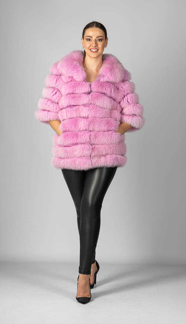 pink fur coat 3/4 sleeves