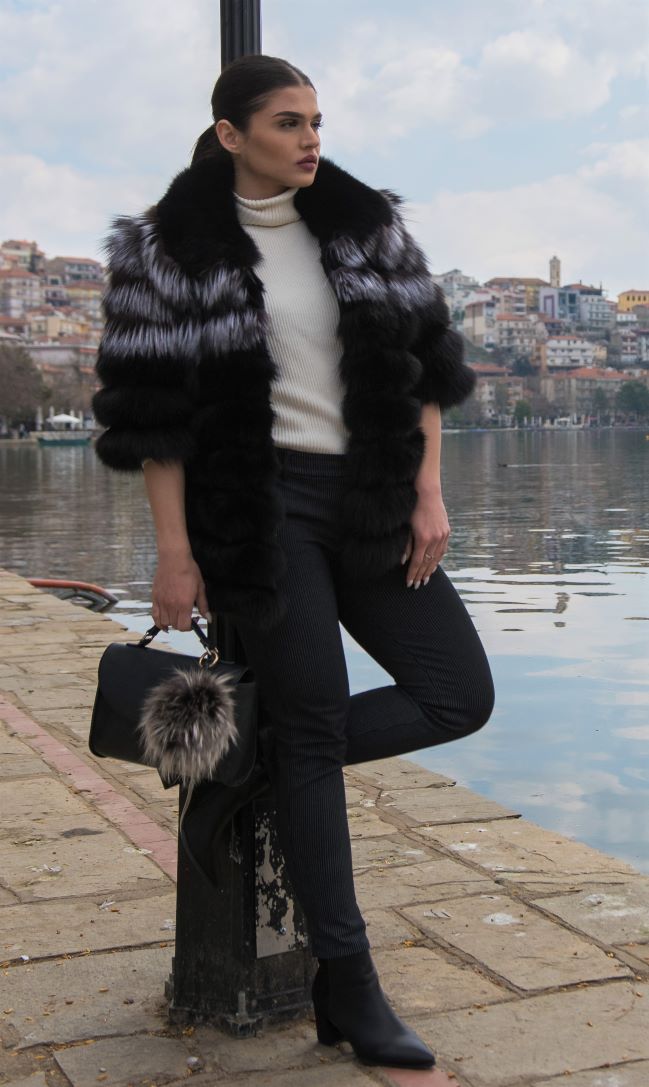 black silver fox fur coat 3/4 sleeves