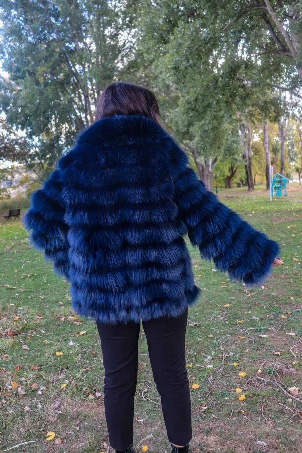 Navy Blue Fox Fur Coat Orizontical Stripes- Kate Z. Coat - Nick