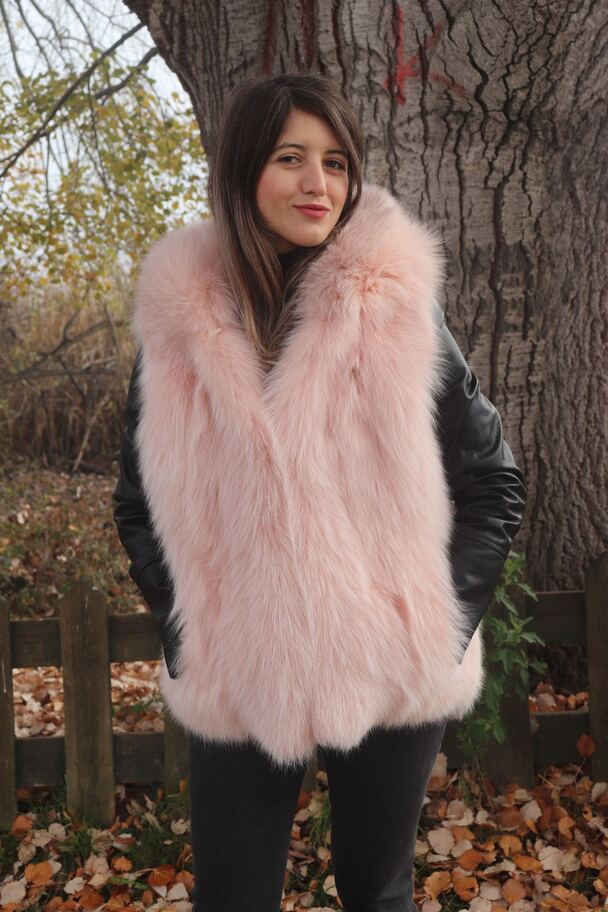 light pink fur vest wit hood