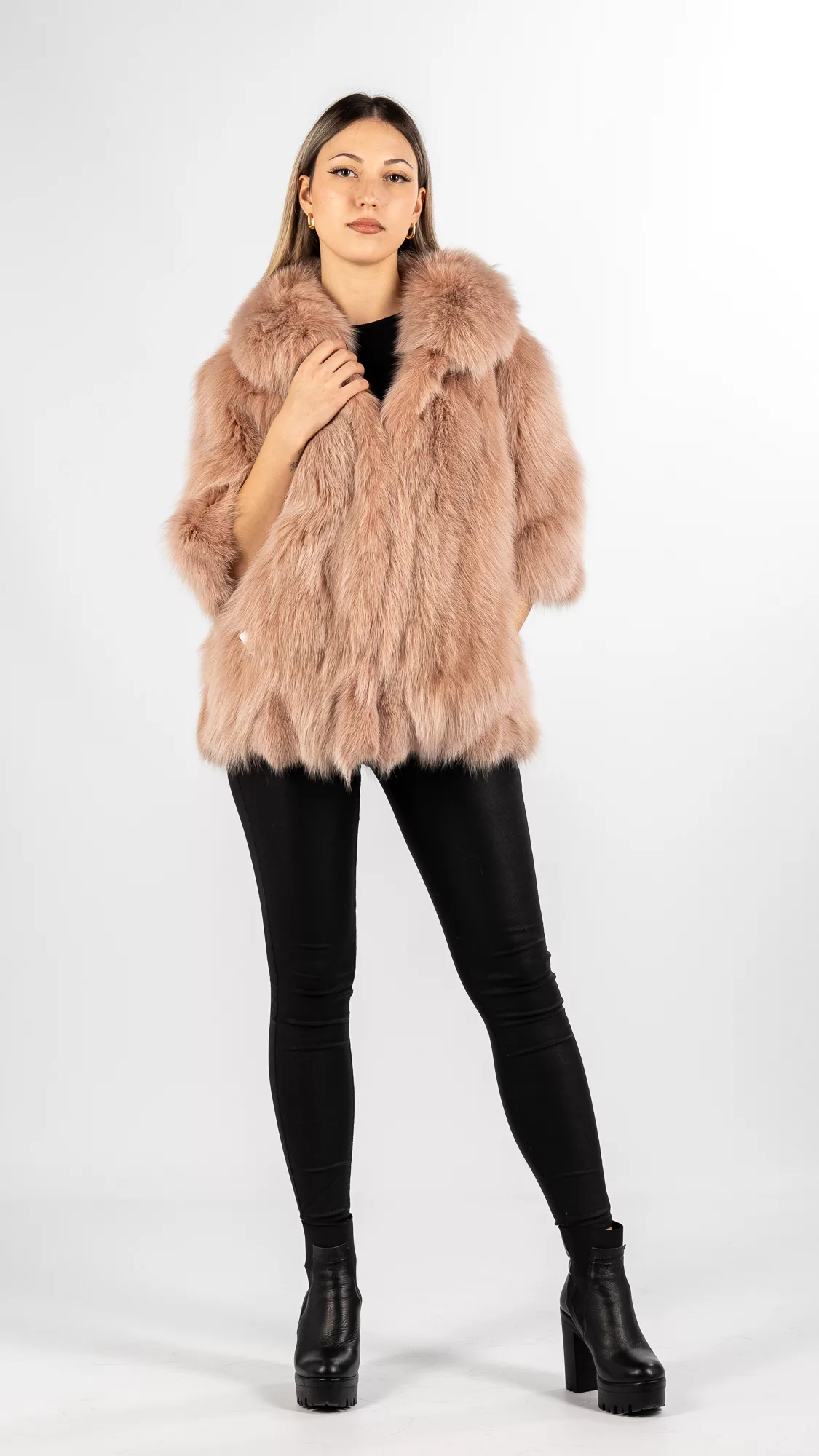nude pink fur coat 3/4 sleeve
