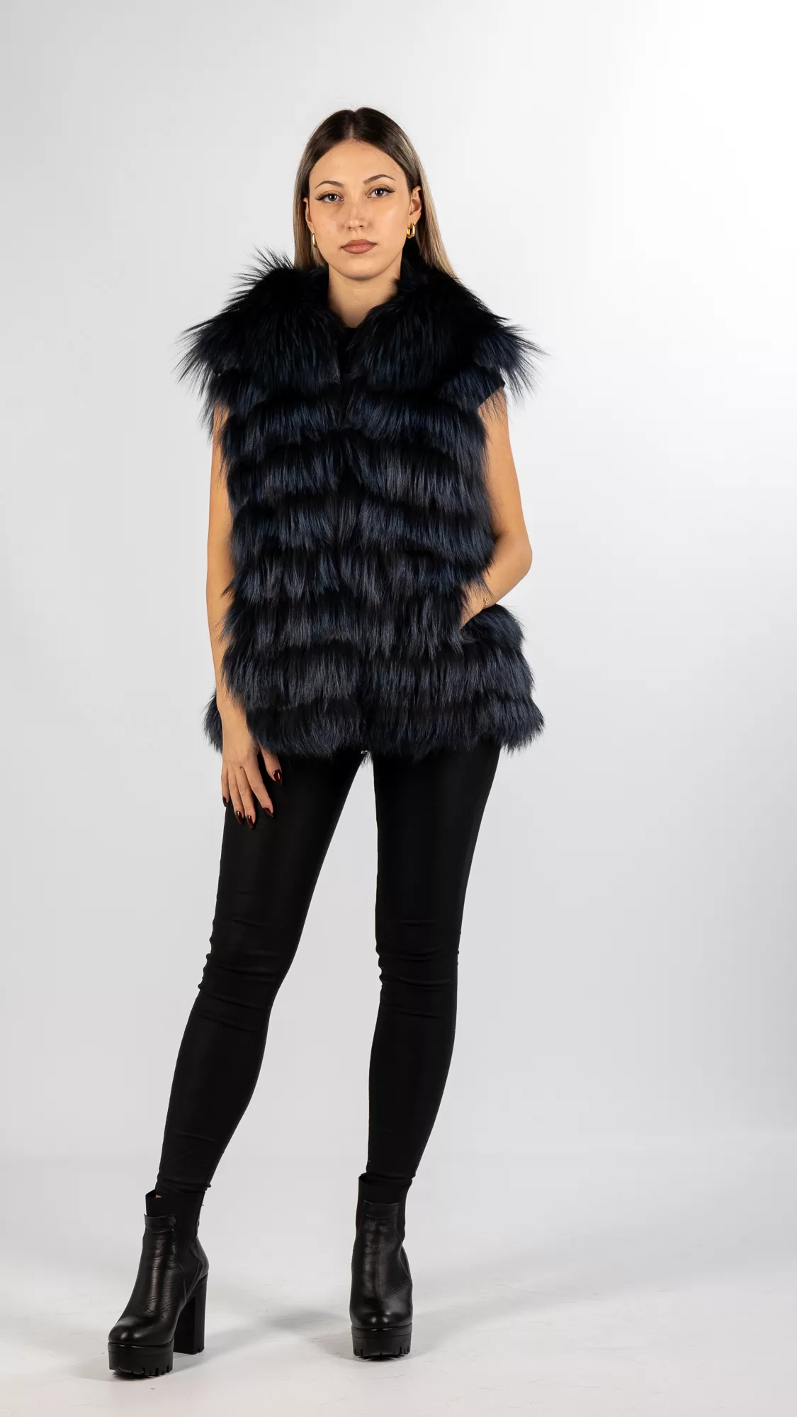 dark blue silver fox fur vest