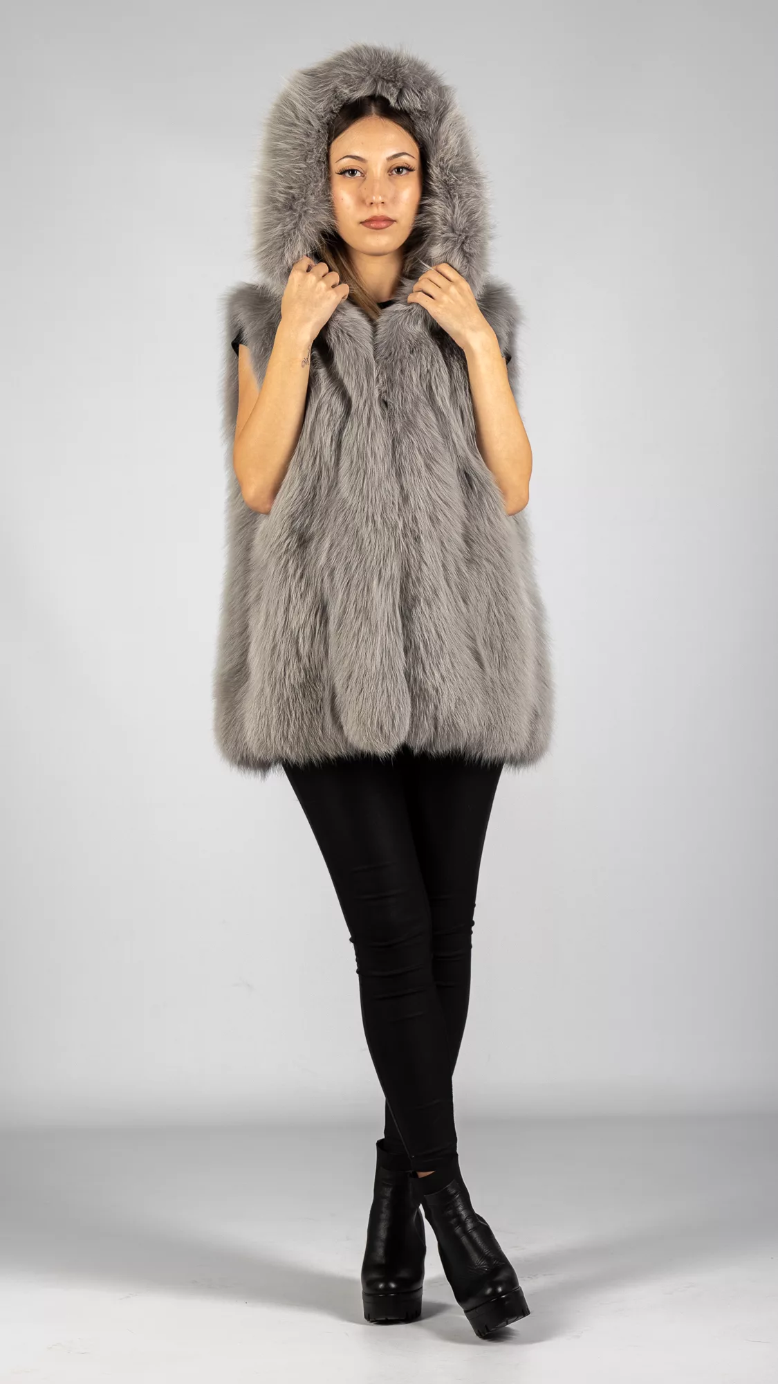 light grey fur gilet with hood