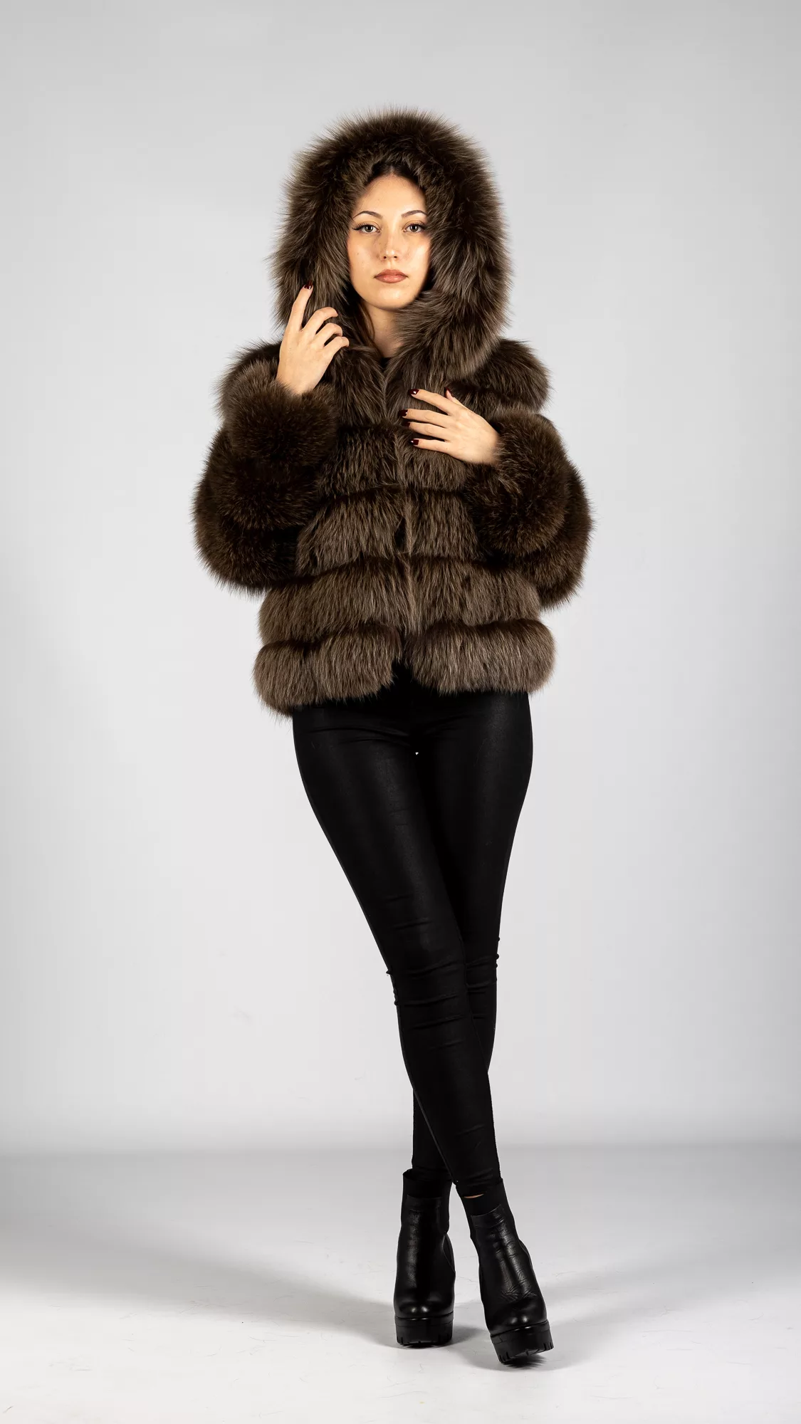 chaki fur coat with hood