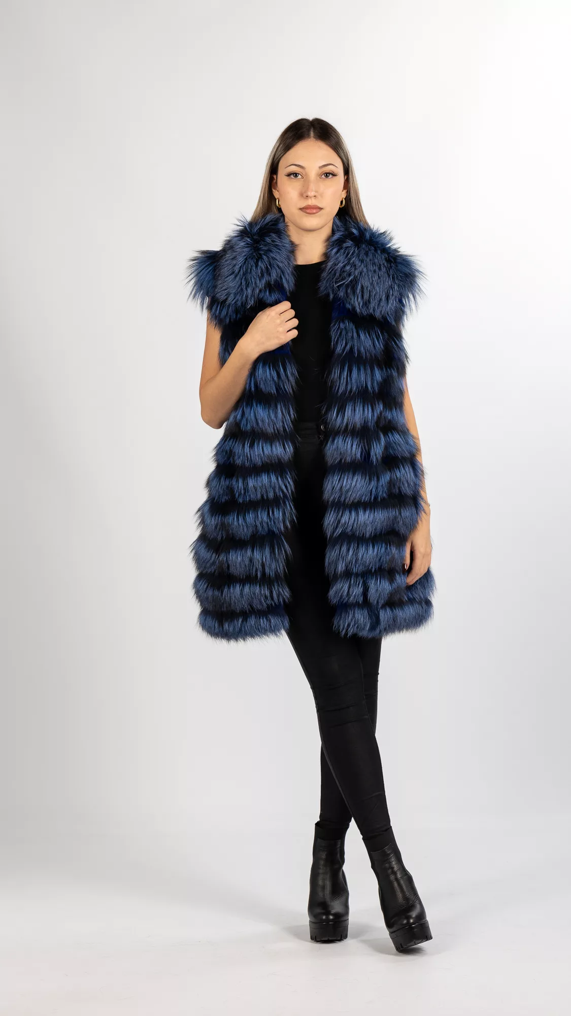 blue silver fox long vest