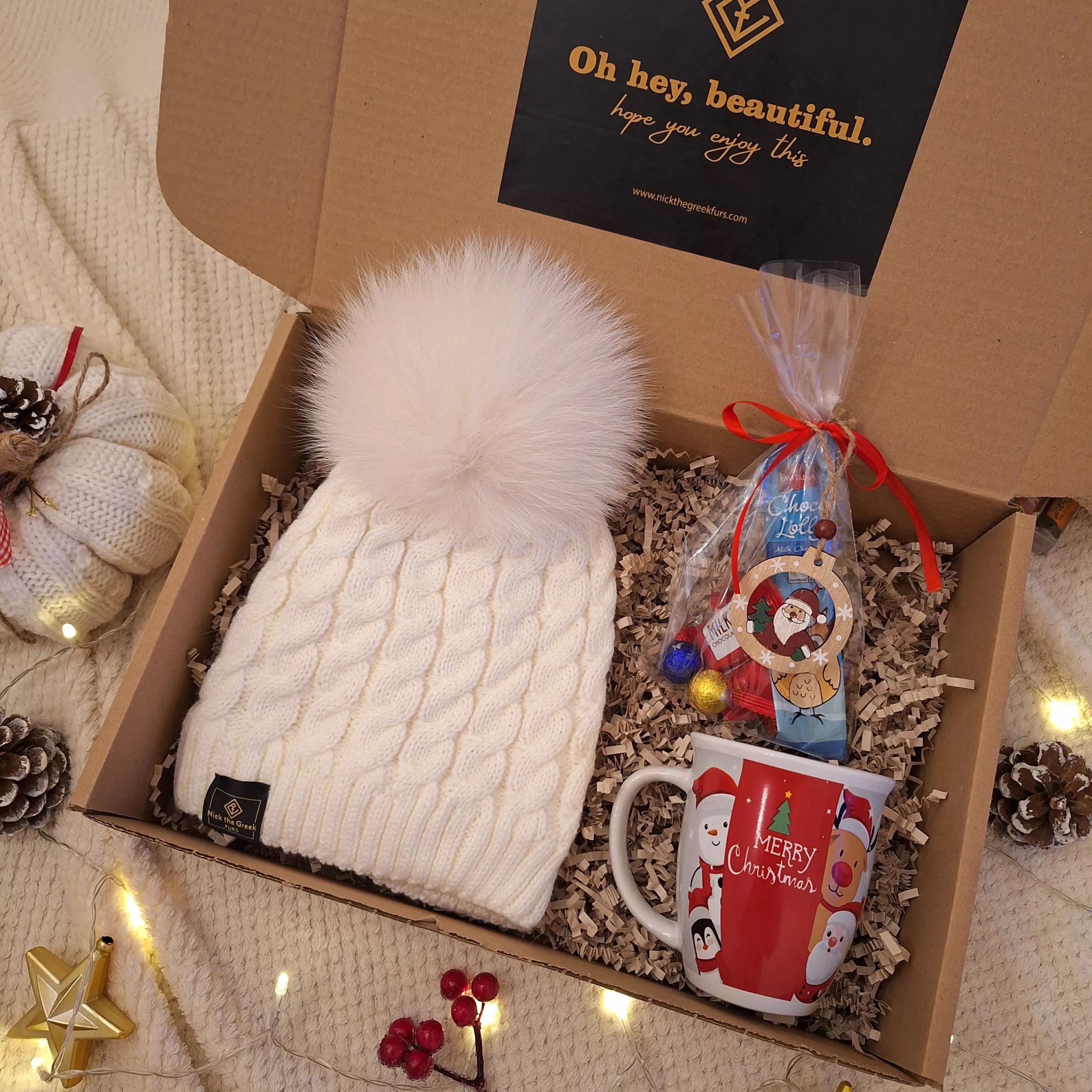 xmas gift box with pompom beanie